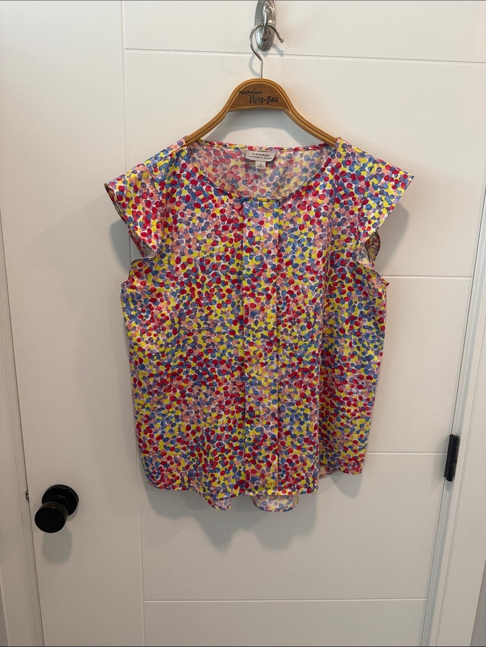 Tahari Sleeveless Multicolor Dot Print Blouse - Pink/Blue/Yellow size medium